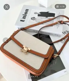 キャメル キャンバス レザー ショルダーバッグ