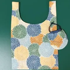 小さなまんまる巾着とエコバッグ✲菊 ブルー×オレンジ×グリーン