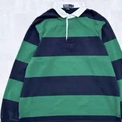 ポロラルフローレン 刺繍ロゴ ボーダー切り替え 鹿の子 ラガーシャツ XL 緑紺