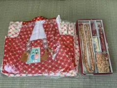 【新品未使用】七五三 3歳 女の子 被布セット 赤 レトロ柄 小物付き