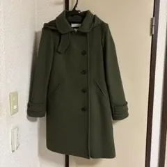 オリーブグリーン フード付きロングコート　ウール