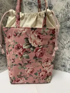 巾着トートバッグ ばら柄ラベンダー 手提げ ハンドメイド - メルカリ