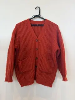 オレンジ　赤リブ編み カーディガン 長袖　レディース