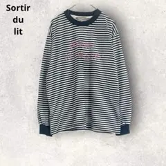 ボーダー柄　長袖トップス　M〜L 英文字プリント　コットン混　ブラック×ホワイト