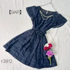 フレアワンピース　ウエストマーク　ビジュー　 お呼ばれ　二次会　紺　9AR