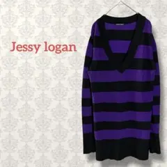 Jessy logan Vネックボーダーニットワンピース チュニック パープル