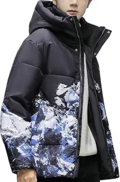 フード付きダウンジャケット 黒/青/白　XL メンズ