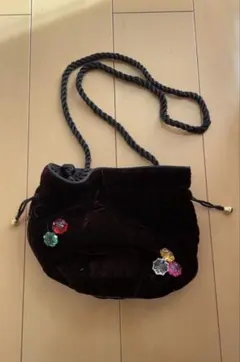 ダークレッド ベルベット ショルダーバッグ　ビジュー付き
