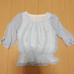 any SiS 水色ストライプ五分袖シフォントップス