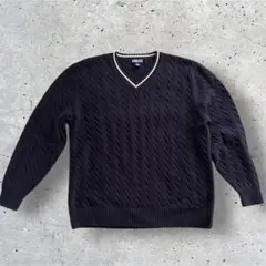 LAND'S END コットン リブニット セーター ブラック USA製 XL vintage old 90s LANDS END cotton knit cotton sweater MADE IN