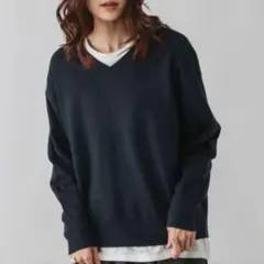 グローバルワーク ふわふわHugme Vネックプルオーバー ネイビー L