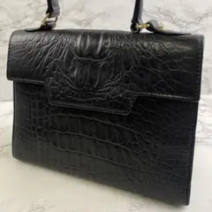 ノーブランド 本革 クロコ型押しレザー ミニ ハンドバッグ 黒(ブラック)