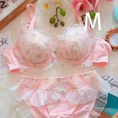 楽ブラ フェミニン 刺繍下着2776ピンクM ノンワイヤーブラショーツセット