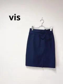 VIS リボンスカート 膝丈 ネイビー 美シルエット きれいめ