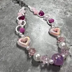 ビーズストラップ ピンク　スマホストラップ　ハート　花