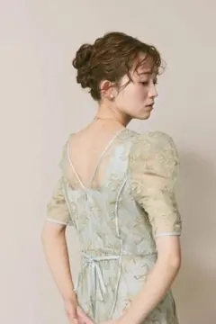 【値下】LILY BROWN刺繍パフスリーブロングドレス ミントグリーン 結婚式