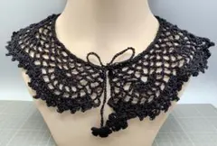 20番レース つけ襟 ソフトブラック　スカラップ　花モチーフ　ハンドメイド　手編