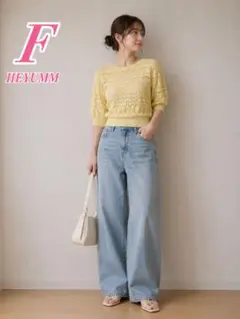 HEYUMM ヘユム ラメ入り透かし編みニット 半袖 イエロー F きれいめのサムネイル