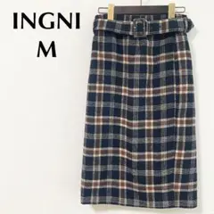 INGNI タイトスカート スリット チェック柄 ベルト ウエストゴム ネイビーのサムネイル