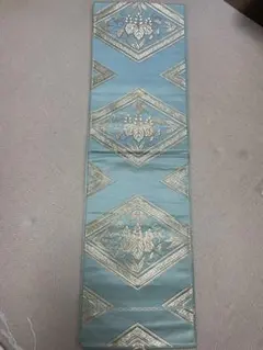 美しい水色 ひし形✖️花柄 袋帯　ゴールド　シルバー刺繍