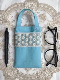 ブルー④ メガネケース　マルチケース【インド刺繍リボン】