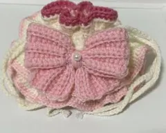 編み物 フリル リボン付き巾着袋 ポーチ ピンクとクリーム色