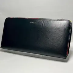 ポールスミス 長財布 マルチストライプ ラウンドファスナー ブラック 本革 牛革