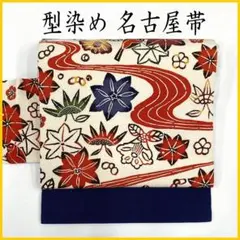 512mn128▲縮緬 型染め 流水 鳥 椿 梅 花 九寸名古屋帯▲美品