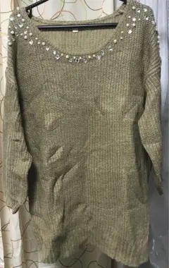ゴールド ビーズ装飾 ニットセーター 長袖