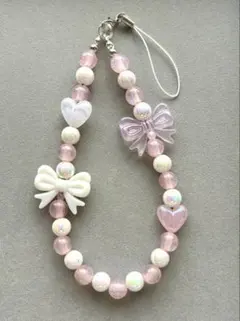 ビーズストラップ　リボン　ピンク