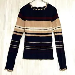 マジェスティックレゴン　スカラップネック リブニット　ネイビー　ベージュ　M