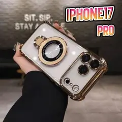 iPhone17proケース ゴールド リングスタンド付 MagSafe対応