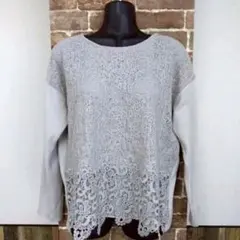 ショコラフィネローブ　カットソー　グレー　レディース　レース　長袖　透け感　丸首