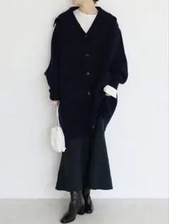 【極美品】IENA ウール100% ネイビー ビッグカラーニットコート