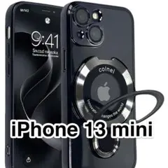 iPhone13miniケース 黒 薄型軽量リングスタンド カメラレンズ保護