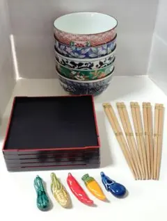 三洋陶器　竹斎　絵変わり 多用丼とトレイ・箸・箸置き　各5