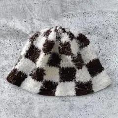 バケットハット☆チェック柄ニット帽☆クロシェハット