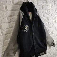 ニットカーディガン ショールカラー ブルゾン 刺繍ロゴ 黒 L相当