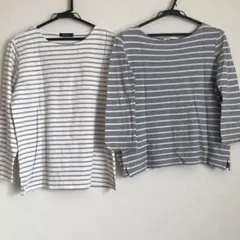 値下げ　白グレーストライプ　ユニクロ　白ベージュ　ストライプ　長袖カットソー M