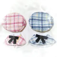 ぬい服♡春カラーベレー帽ケープセット白ベージュチェックおしゃれ着せ替え新品