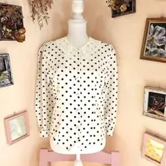 昭和レトロ 日本製　ヴィンテージ　水玉模様 レース襟 長袖ブラウス
