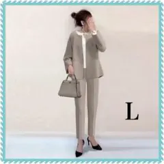 L ピンクベージュ ノーカラー パンツスーツ フォーマル ママ服 シンプル 韓国