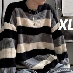 【新品】NOWLE ボーダー プルオーバー ニット XL ブラック×クリーム