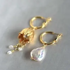 【金アレ対応】4way バロック淡水パール 真鍮フラワー ピアス ゴールド