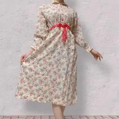 レトロ 小花柄 ピンクリボン シュリンク フレア ロング ワンピース 甘ロリ