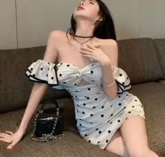 魅惑ミニドットドレスフリル＆オフショル