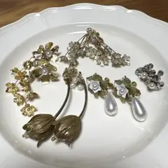 ゴールド シルバー フラワー パール イヤリング アンティーク ハンドメイド