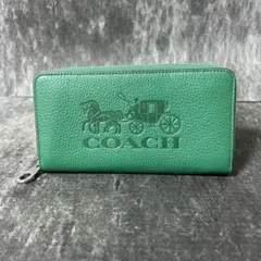 美品　COACH ラウンドファスナー財布　レザー　グリーン　財布