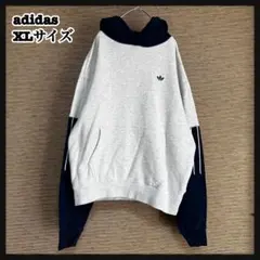 【アディダス】パーカー　グレー　トレフォイル　刺繍　裏毛　ネイビーJ1