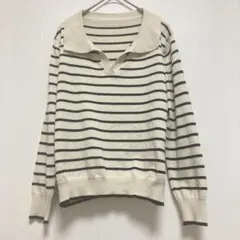 長袖ニット ポロニットセーター アイボリー ブラック ストライプ柄 レディース